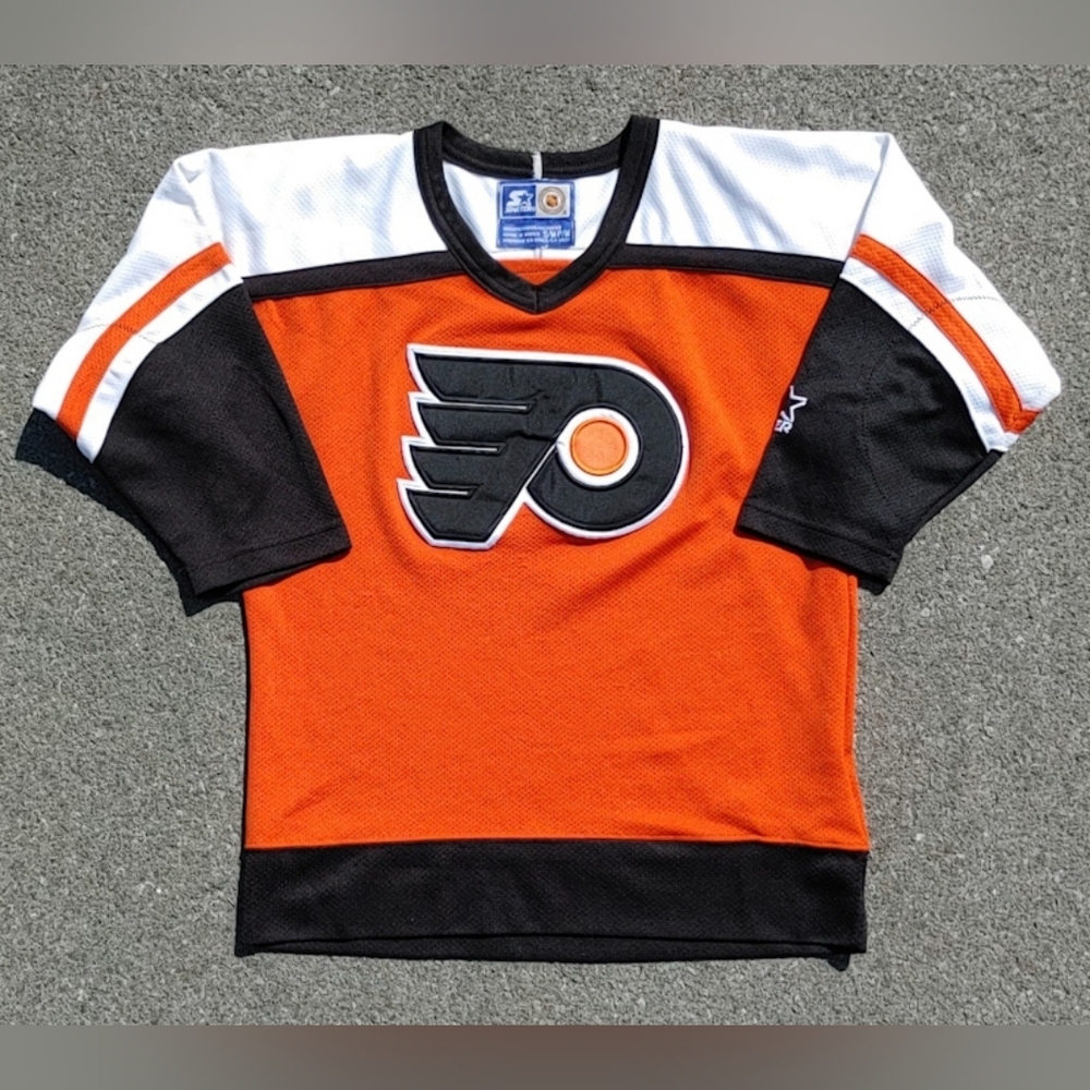 Vtg 90s Starter NHL Philadelphia Flyers Youth Kids Long Sleeve Mesh Hockey Jerse